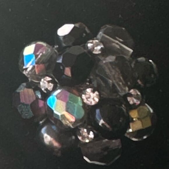 Large Vintage AB black crystal rhinestone cluster clip earrings by Vogue - Picture 12 of 15